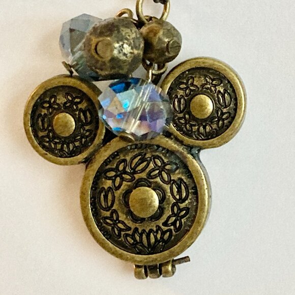 Vintage Disney Hidden Mickey Mouse Ears Locket Necklace Gold Tone AB Beads 30" - Picture 10 of 12